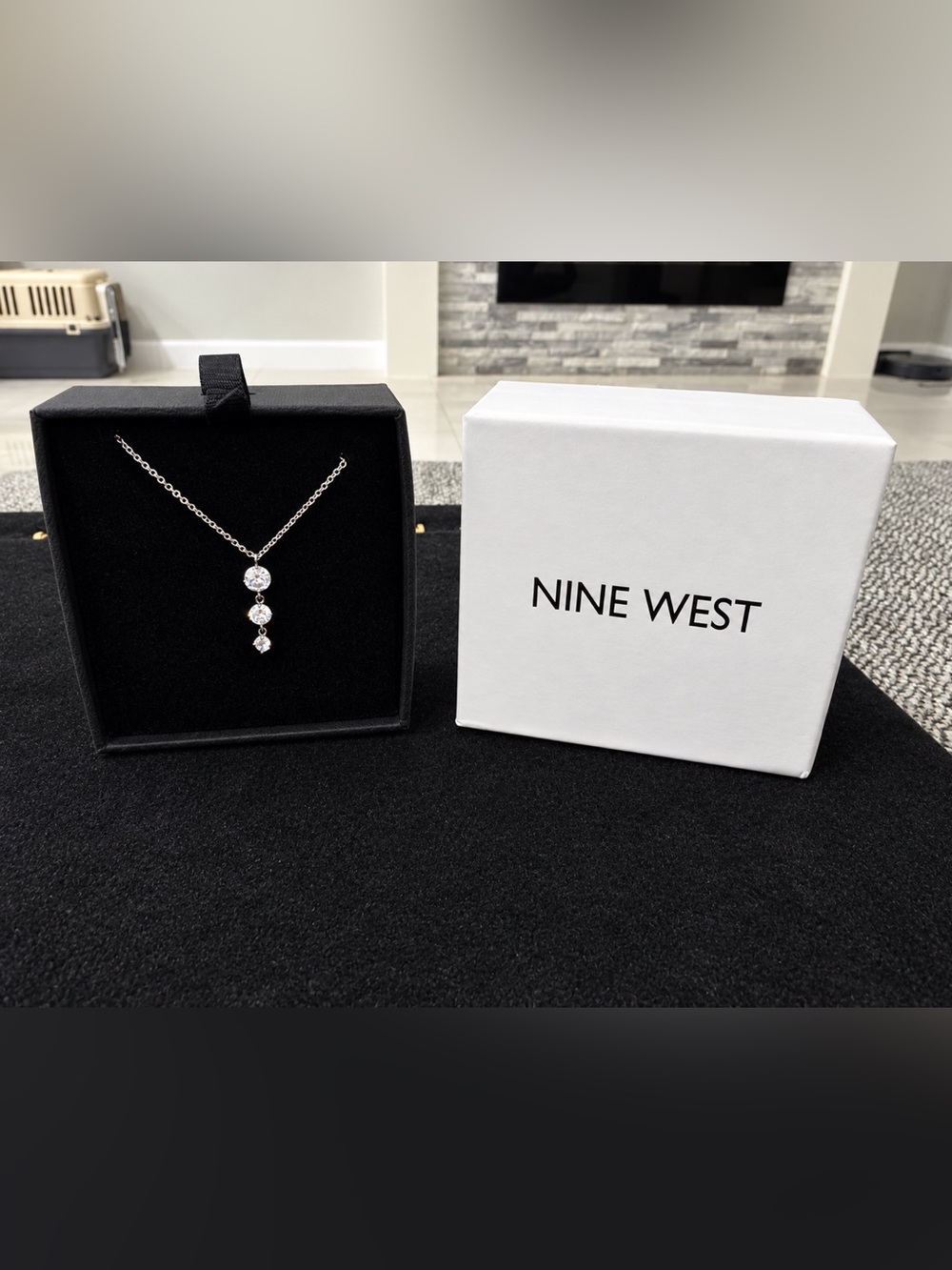 Nine West Silver Tone Crystal Drop Pendant Necklace Adjustable Chain